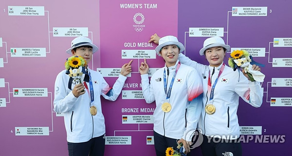 25일 일본 유메노시마 공원 양궁장에서 열린 도쿄올림픽 여자 양궁 단체전에서 한국 대표팀이 금메달을 획득했다. [사진=연합뉴스]