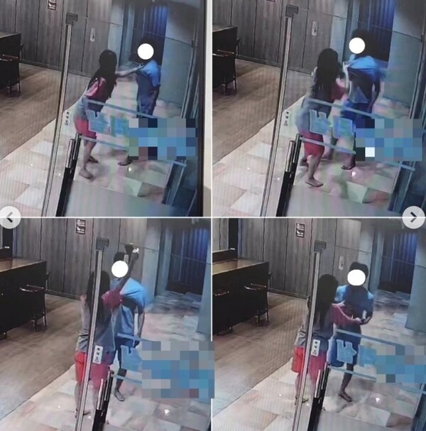찜질방 여자화장실 앞 CCTV에 촬영된 몰카남 잡는 과정. (인스타그램)